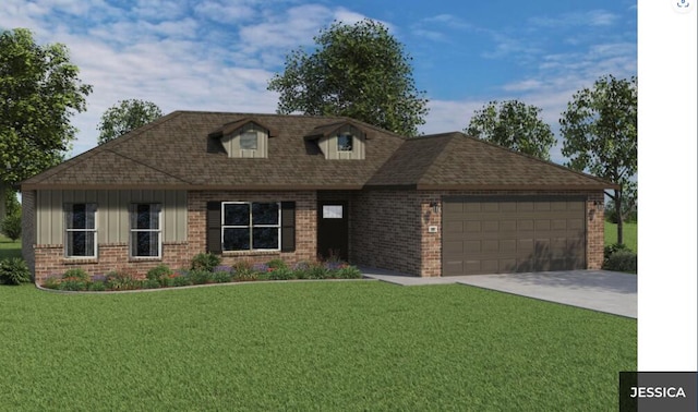 cape cod house with brick siding, a front lawn, an attached garage, and concrete driveway