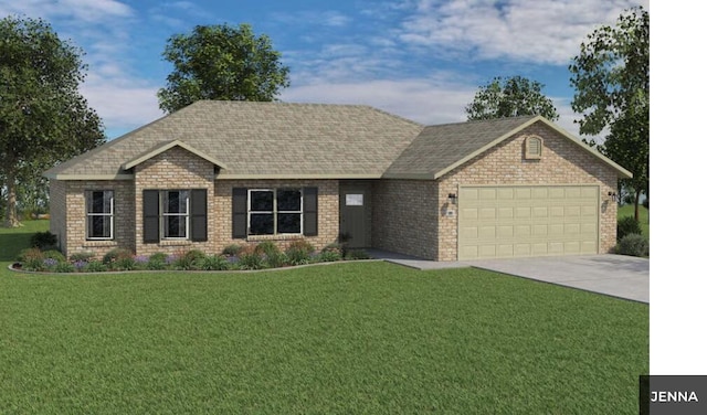 1213 Abercorn St, Republic, MO 65738 - ranch-style house featuring a garage, a front yard, brick siding, a shingled roof, and concrete driveway