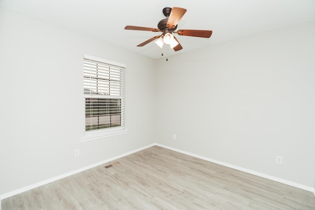 unfurnished room with baseboards, visible vents, ceiling fan, and light wood-type flooring