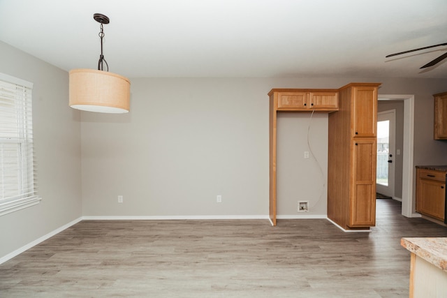 interior space with light wood-style floors, a ceiling fan, and baseboards