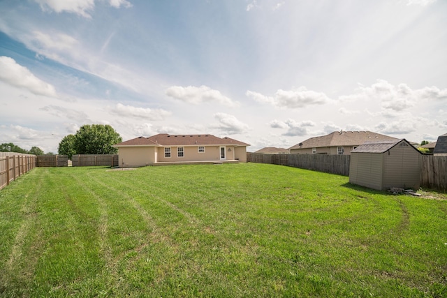 view of yard with an outbuilding, a shed, and a fenced backyard