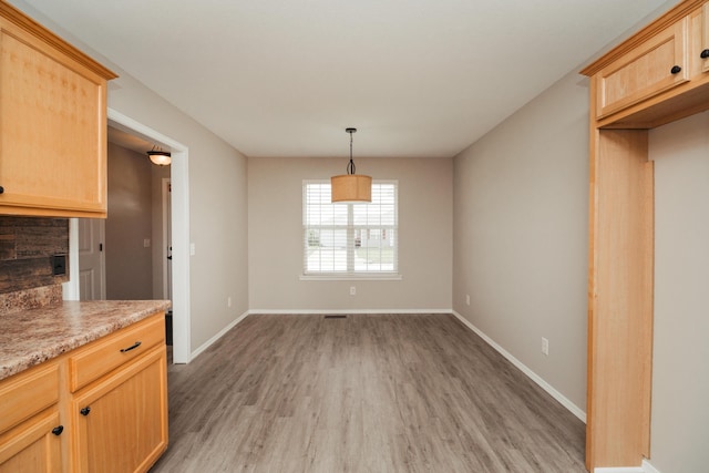 unfurnished dining area with baseboards and light wood-style flooring