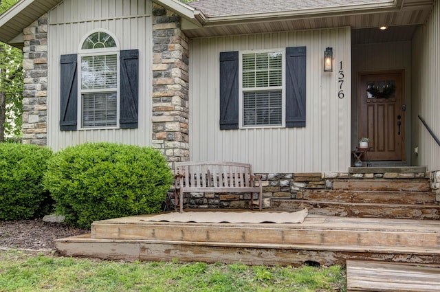 1376 N 14th St, Ozark, MO 65721 - doorway to property with roof with shingles and stone siding