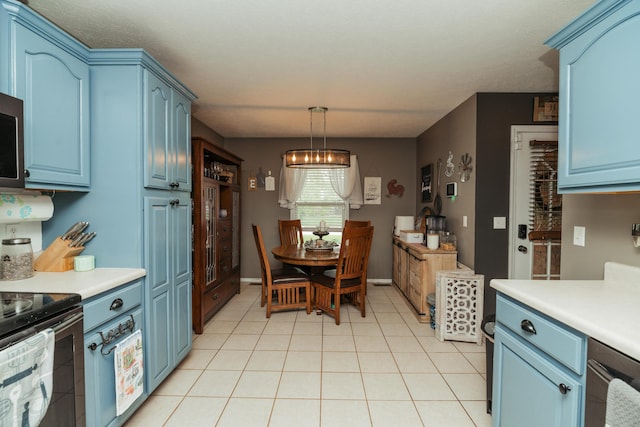 kitchen with light countertops, black electric range oven, and blue cabinetry