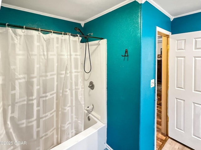 full bathroom featuring shower / bath combination with curtain, ornamental molding, and wood finished floors