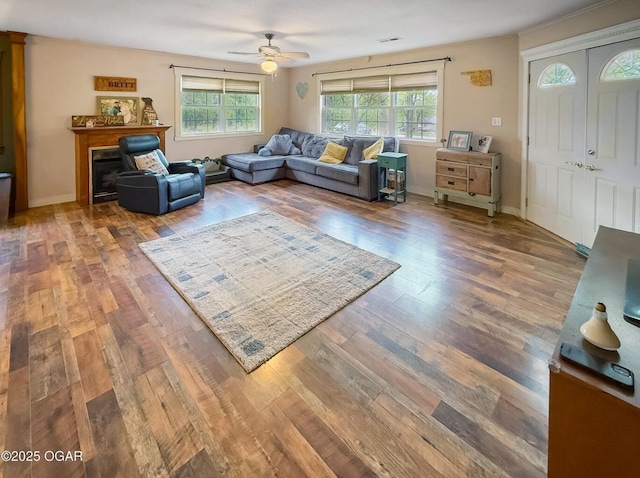 living area featuring ceiling fan and wood finished floors