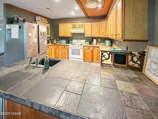 kitchen with tile countertops, white electric range, a sink, freestanding refrigerator, and ornamental molding
