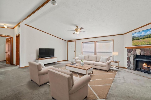 26929 Cordwood Ridge Dr, Shell Knob, MO 65747 - carpeted living area featuring crown molding, baseboards, ceiling fan, and a stone fireplace