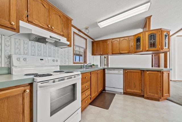 26929 Cordwood Ridge Dr, Shell Knob, MO 65747 - kitchen with brown cabinets, a sink, light floors, under cabinet range hood, and white appliances