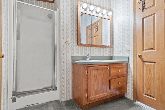 26929 Cordwood Ridge Dr, Shell Knob, MO 65747 - full bath with vanity, a shower stall, and wallpapered walls