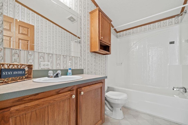 26929 Cordwood Ridge Dr, Shell Knob, MO 65747 - bathroom with visible vents, toilet, wallpapered walls, and shower / tub combo