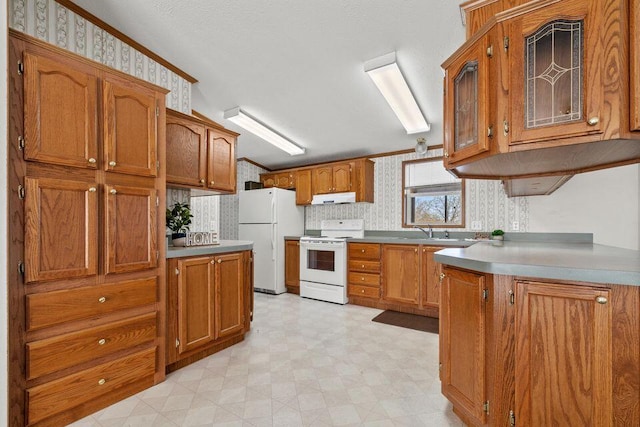 26929 Cordwood Ridge Dr, Shell Knob, MO 65747 - kitchen featuring light floors, brown cabinets, under cabinet range hood, and white appliances