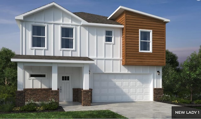 view of front of home with roof with shingles, brick siding, a garage, board and batten siding, and concrete driveway