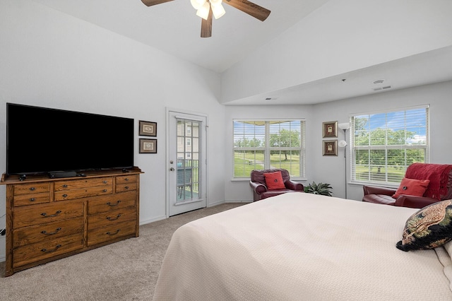 bedroom featuring ceiling fan, light colored carpet, high vaulted ceiling, access to exterior, and visible vents