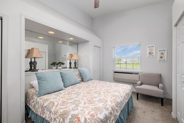 bedroom with carpet floors, recessed lighting, ceiling fan, and a closet