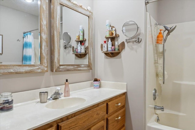 bathroom with vanity and shower / bathtub combination with curtain