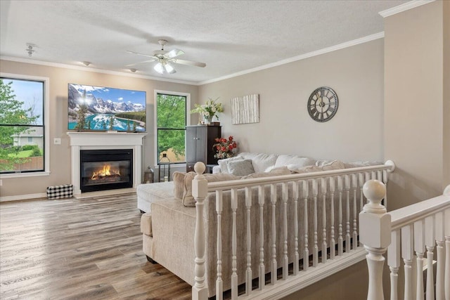 living area with a ceiling fan, a textured ceiling, wood finished floors, a glass covered fireplace, and ornamental molding