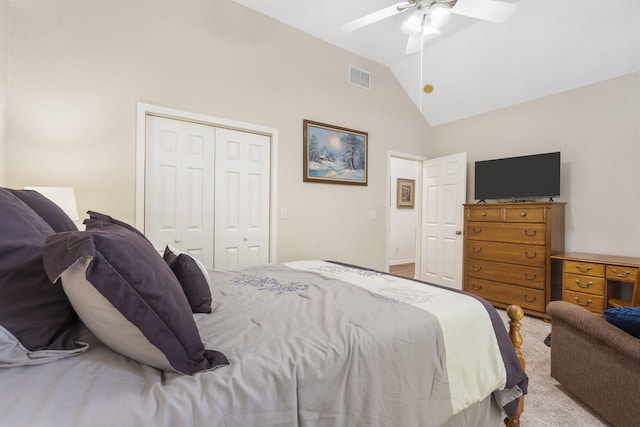 bedroom featuring visible vents, ceiling fan, a closet, and high vaulted ceiling