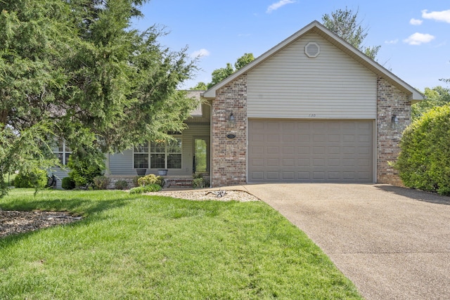 single story home featuring brick siding, an attached garage, driveway, and a front yard