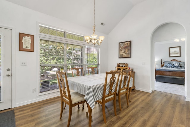 dining area with an inviting chandelier, wood finished floors, and a wealth of natural light