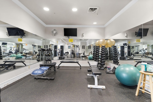 gym with ornamental molding, recessed lighting, and visible vents
