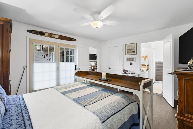bedroom with a ceiling fan and wood finished floors