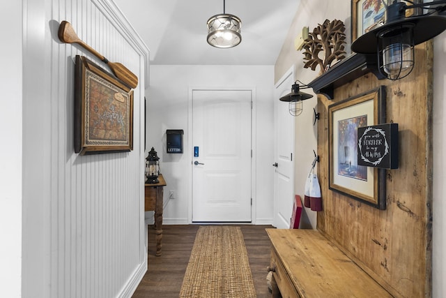 mudroom with baseboards and dark wood finished floors