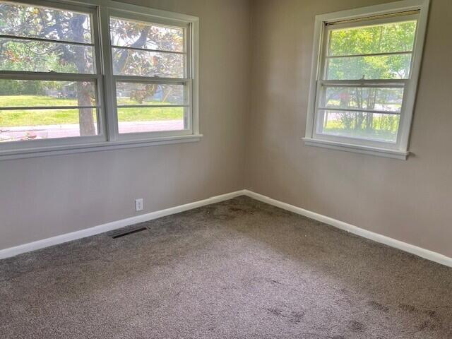 carpeted empty room with baseboards, a healthy amount of sunlight, and visible vents