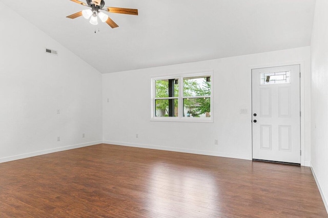unfurnished living room with baseboards, a ceiling fan, wood finished floors, and lofted ceiling
