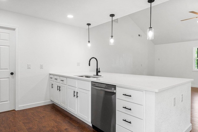 kitchen with dark wood-style flooring, stainless steel dishwasher, a sink, baseboards, and a peninsula