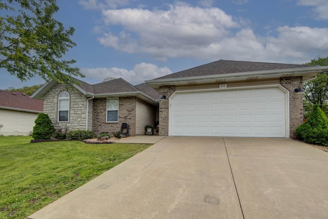 ranch-style house with a garage, a front yard, brick siding, a shingled roof, and driveway