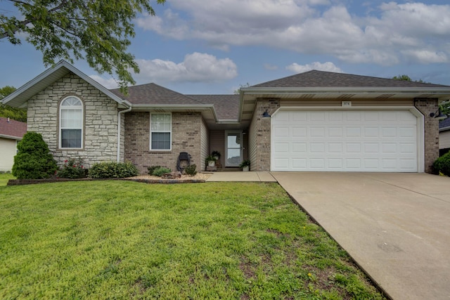ranch-style house with a front yard, a garage, brick siding, concrete driveway, and a shingled roof