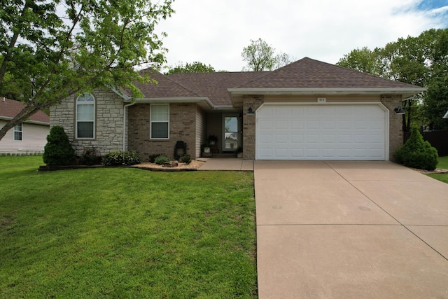 single story home with an attached garage, a front lawn, roof with shingles, and driveway