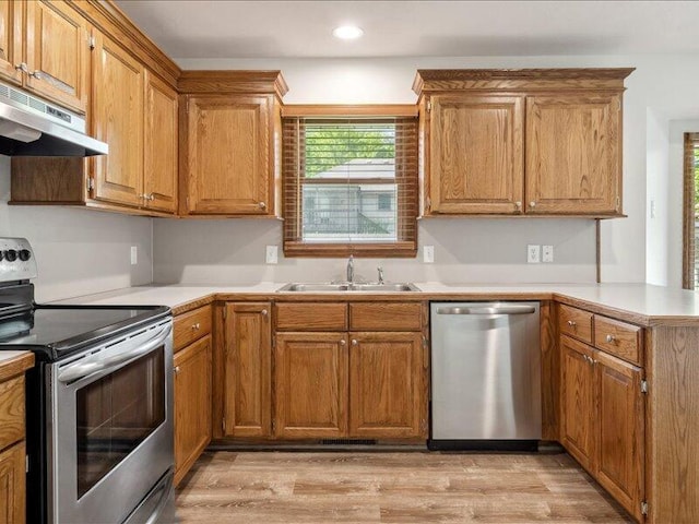 kitchen featuring a peninsula, light wood-type flooring, under cabinet range hood, a sink, and stainless steel appliances