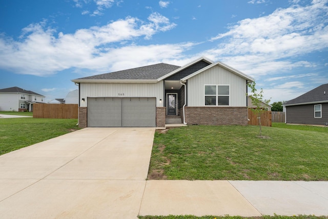 single story home featuring brick siding, fence, and a garage