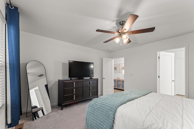bedroom with carpet floors, a ceiling fan, baseboards, and visible vents