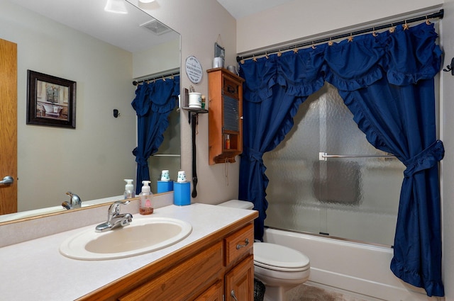 full bath with toilet, vanity, visible vents, and shower / bathtub combination with curtain