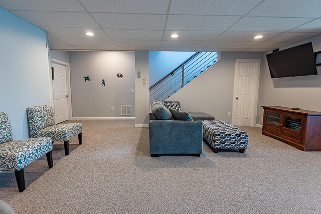living room featuring carpet floors, stairway, a paneled ceiling, recessed lighting, and baseboards