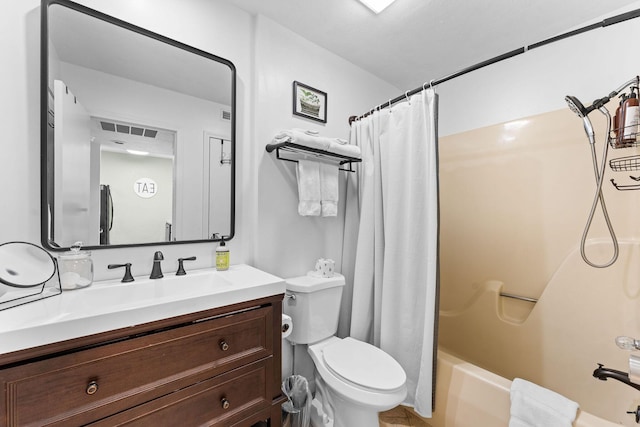 full bath with toilet, vanity, visible vents, and shower / bathtub combination with curtain