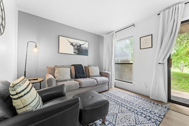 living room with plenty of natural light and wood finished floors
