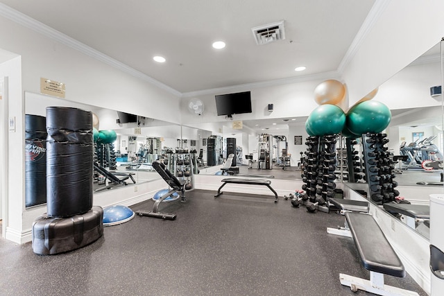 gym featuring recessed lighting, visible vents, and crown molding