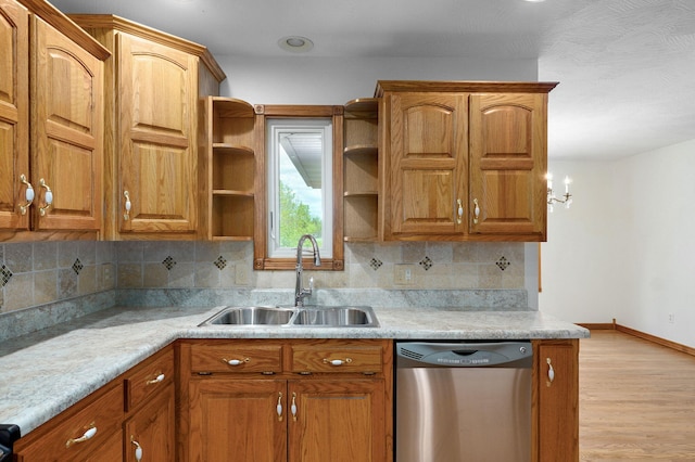 kitchen featuring decorative backsplash, open shelves, dishwasher, a sink, and baseboards