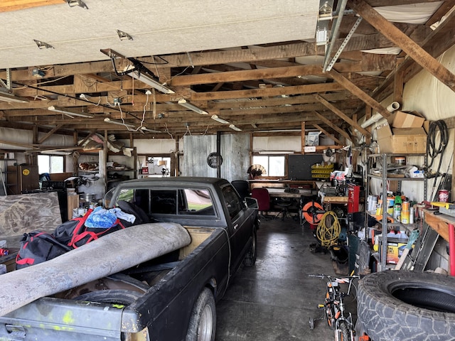 garage featuring a workshop area