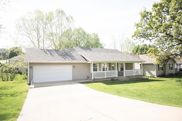single story home featuring covered porch, a front yard, an attached garage, and driveway
