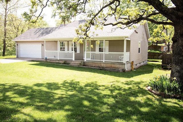 ranch-style home featuring a garage, crawl space, a shingled roof, concrete driveway, and a porch