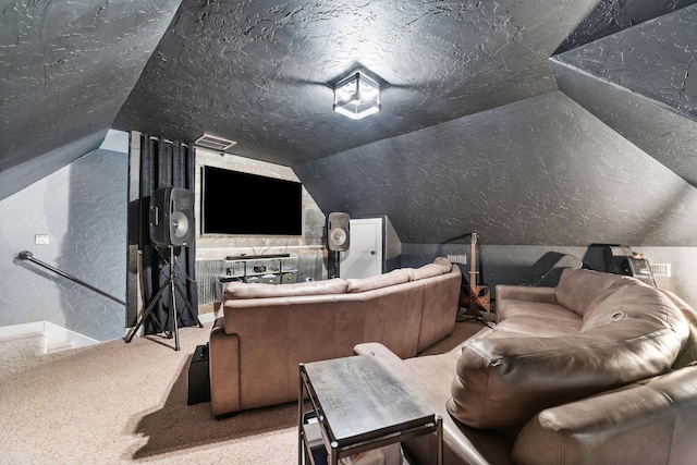 190 Windy Ridge Dr, Hollister, MO 65672 - cinema room featuring carpet flooring, a textured wall, and vaulted ceiling