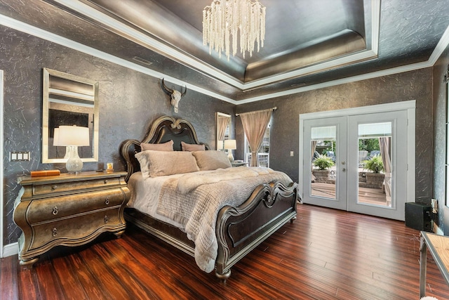 190 Windy Ridge Dr, Hollister, MO 65672 - bedroom featuring a raised ceiling, a chandelier, crown molding, and access to exterior