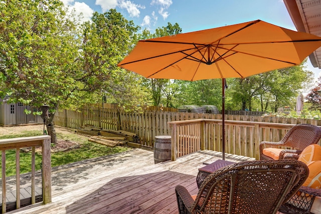 wooden terrace with a fenced backyard