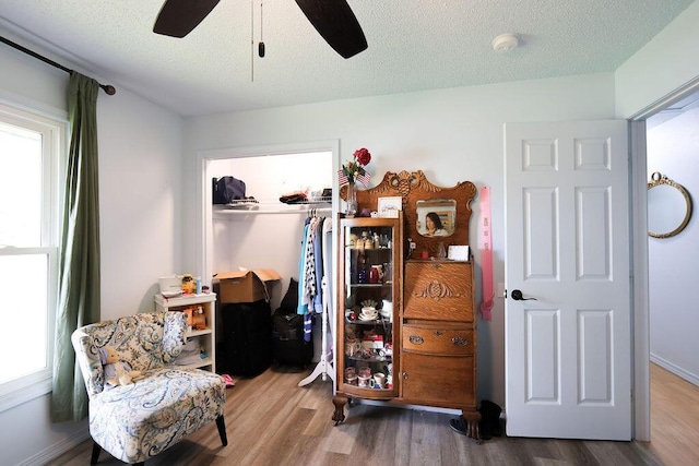 bedroom with multiple windows, a closet, wood finished floors, and a ceiling fan