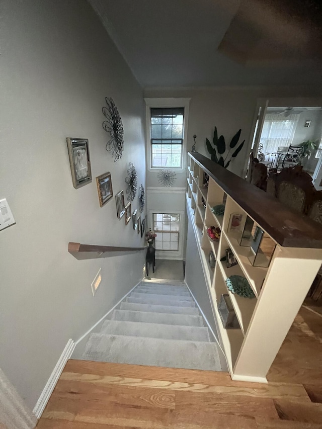 stairway with wood finished floors and baseboards